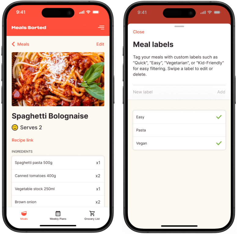Screenshot of meal details